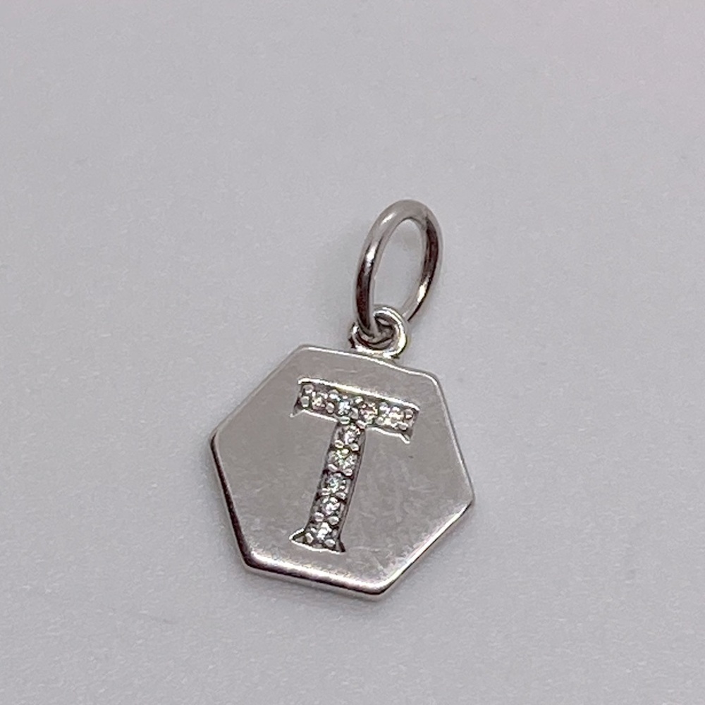 Origami Owl 925 Sterling Silver CZ Letter T Hexagon Pendant Charm | 15mm L